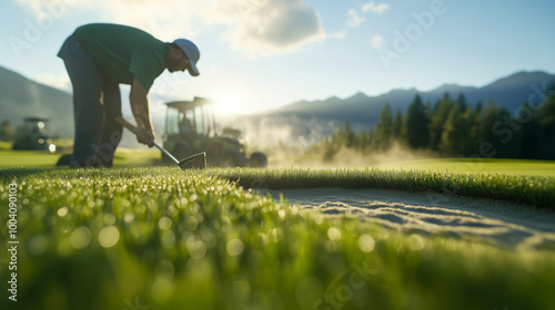 Groundskeeper meticulously tending to a sand trap at dawn