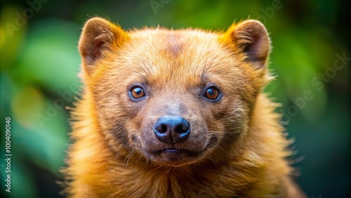 Close-up of a Bush Dog with Curious Expression in a Lush Green Forest photo