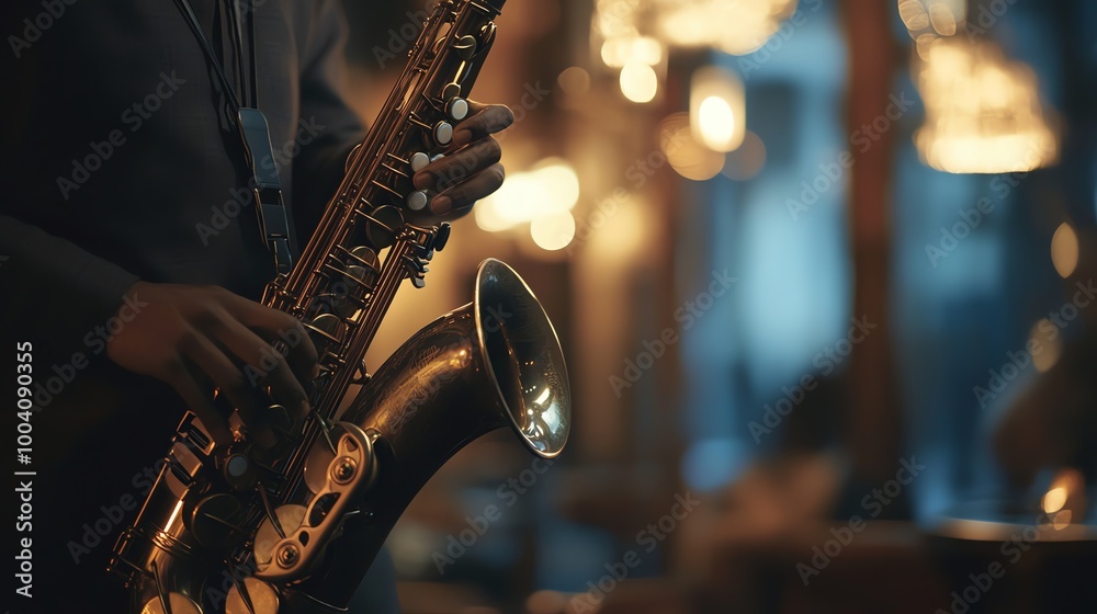 Obraz premium A saxophonist playing in a dimly lit room.