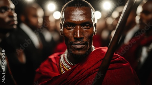 A striking portrait captures the intensity of a Maasai warrior, emphasizing his fierce expression, traditional attire, and the cultural heritage he represents.