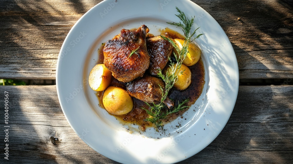 Top view of traditional duck confit with baked apple, elegantly arranged on a white plate, illuminated by sunlight, enhancing the rich colors and textures. Top view of traditional duck confit with baked apple, elegantly arranged on a white plate, illuminated by sunlight, enhancing the rich colors and textures.