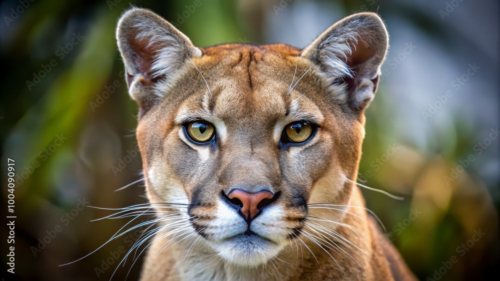 Fototapeta premium Close-Up of a Puma with Intense Gaze in a Forest Setting