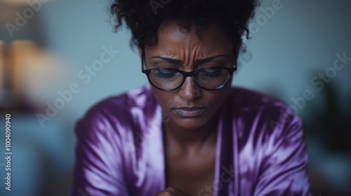 A woman wearing glasses sits deep in thought, conveying a sense of focus and determination in a softly lit indoor setting, emphasizing contemplation and insight.