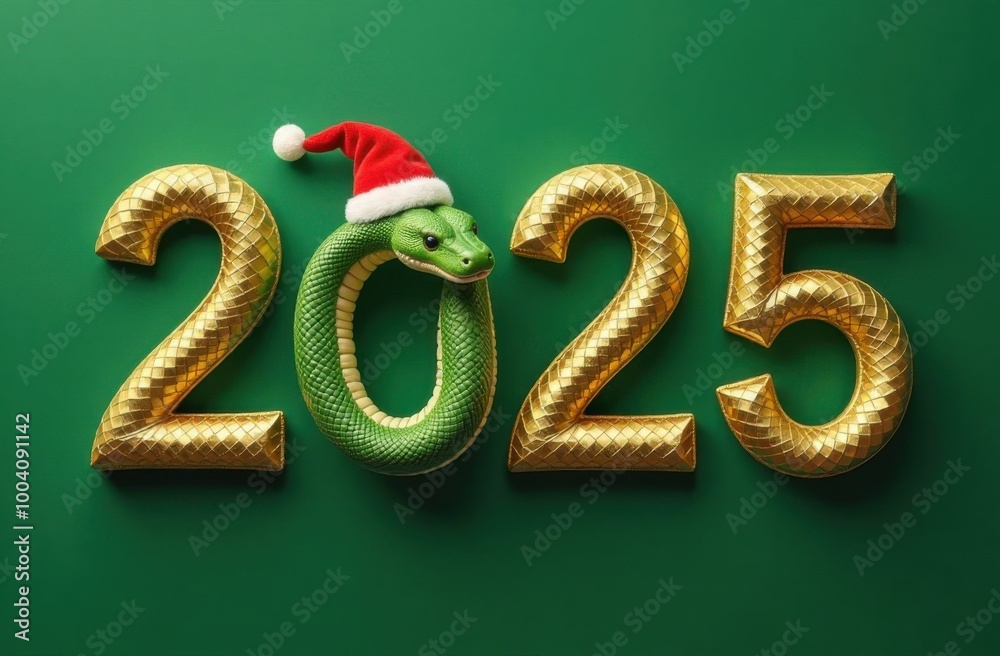 Green snake wearing santa hat celebrating new year 2025 Green snake wearing santa hat celebrating new year 2025