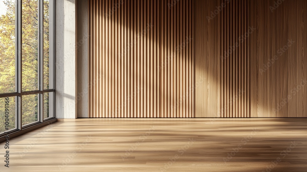 Interior background of an empty room with a concrete wall and wooden paneling. 3D rendering. Interior background of an empty room with a concrete wall and wooden paneling. 3D rendering.