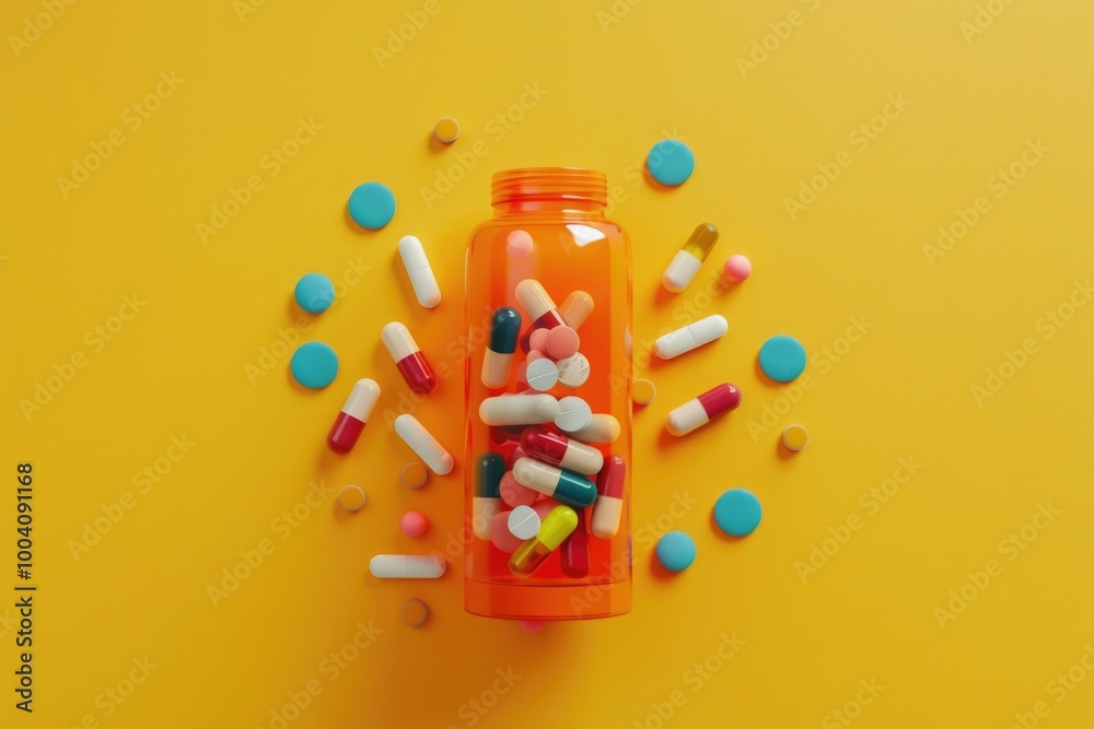 A close-up shot of a bottle filled with many colorful pills A close-up shot of a bottle filled with many colorful pills