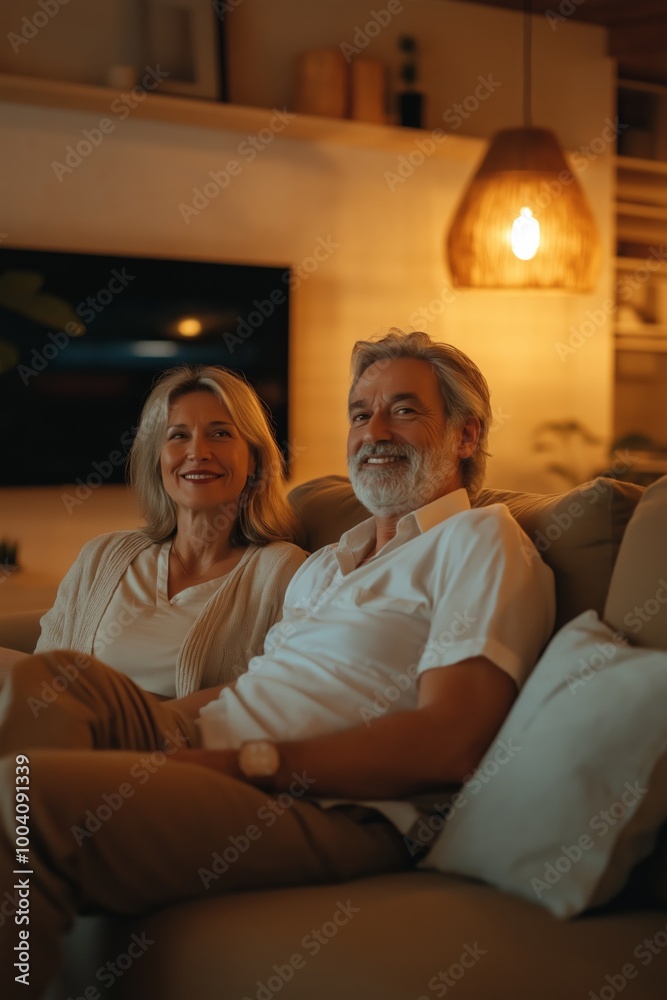 A man and woman are sitting on a couch in a living room. They are smiling and seem to be enjoying each other's company