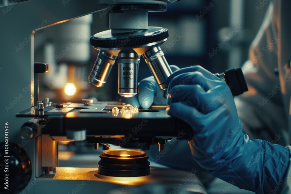 A person looks through a microscope, focused on a small sample A person looks through a microscope, focused on a small sample