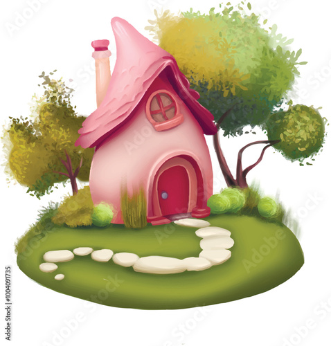 House for gnomes pink house house in a clearing vector illustration