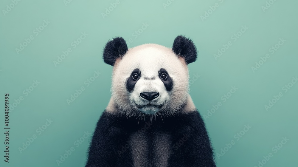 A minimal backdrop frames a solitary panda, its black-and-white fur in stark contrast to the solid color background. A minimal backdrop frames a solitary panda, its black-and-white fur in stark contrast to the solid color background.