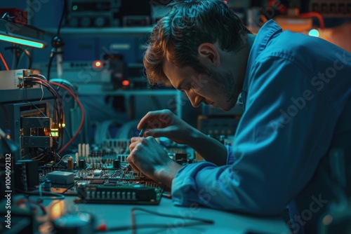 A person in a blue shirt typing away on a computer