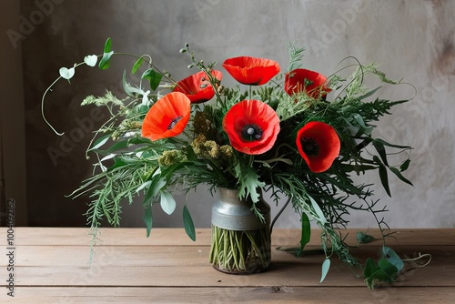 Rustic Watercolor Bouquet Featuring Red Poppies and Green Vine Foliage for Harvest Celebration Decor