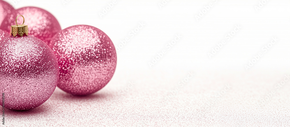 Several shiny pink glass balls on a white background. There is an empty space for text on the right, close-up. A Christmas banner.