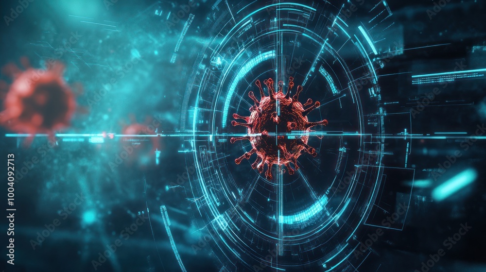 Fototapeta premium Red digital virus highlighted against blue background