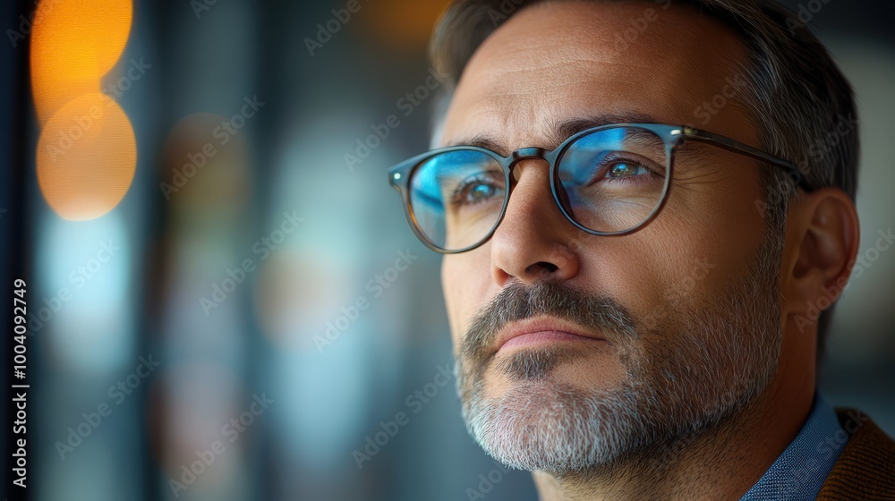 Close-up of mature man with glasses looking thoughtfully at the camera. Serious expression, deep contemplation, eyewear fashion, intelligent man with a graying beard, blurred background Close-up of mature man with glasses looking thoughtfully at the camera. Serious expression, deep contemplation, eyewear fashion, intelligent man with a graying beard, blurred background