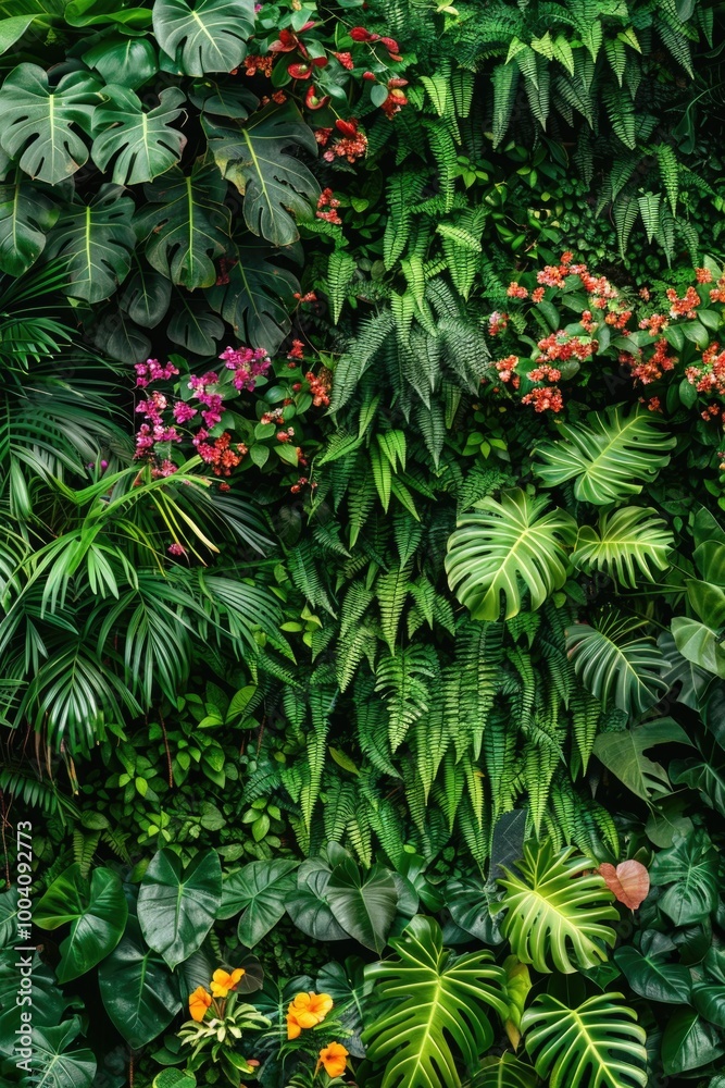 A colorful display of exotic plants and flowers on a wall A colorful display of exotic plants and flowers on a wall