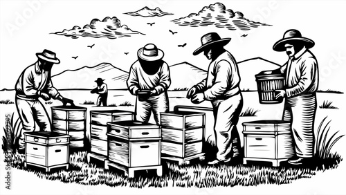 Beekeepers Working in a Rural Setting with Beehives and Scenic Landscape