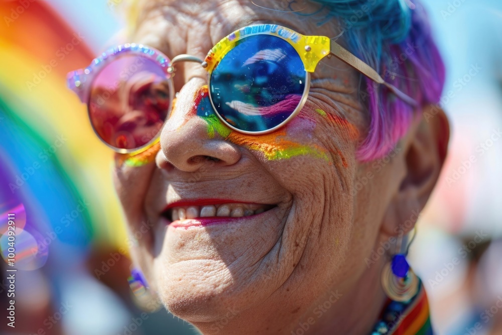 A happy woman with vibrant hair color and sunglasses smiling at the camera A happy woman with vibrant hair color and sunglasses smiling at the camera
