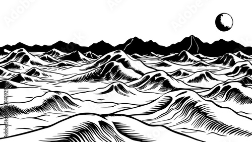Monochrome Lunar Landscape with Mountains and Moon in Illustration