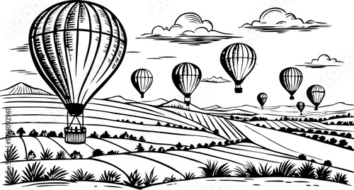 Vintage Hot Air Balloons Rural Landscape Journey in Black and White Art