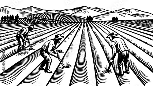 Monochrome Farming Scene Farmers Tending Crops in Rural Landscape