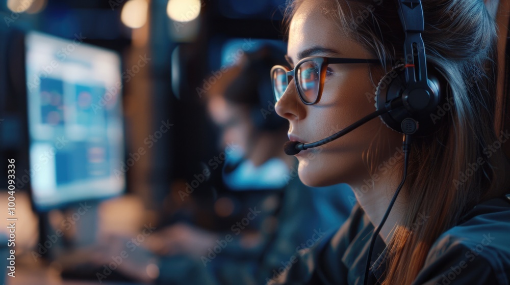 A woman sits in front of a computer, wearing a headset and focused on her work A woman sits in front of a computer, wearing a headset and focused on her work