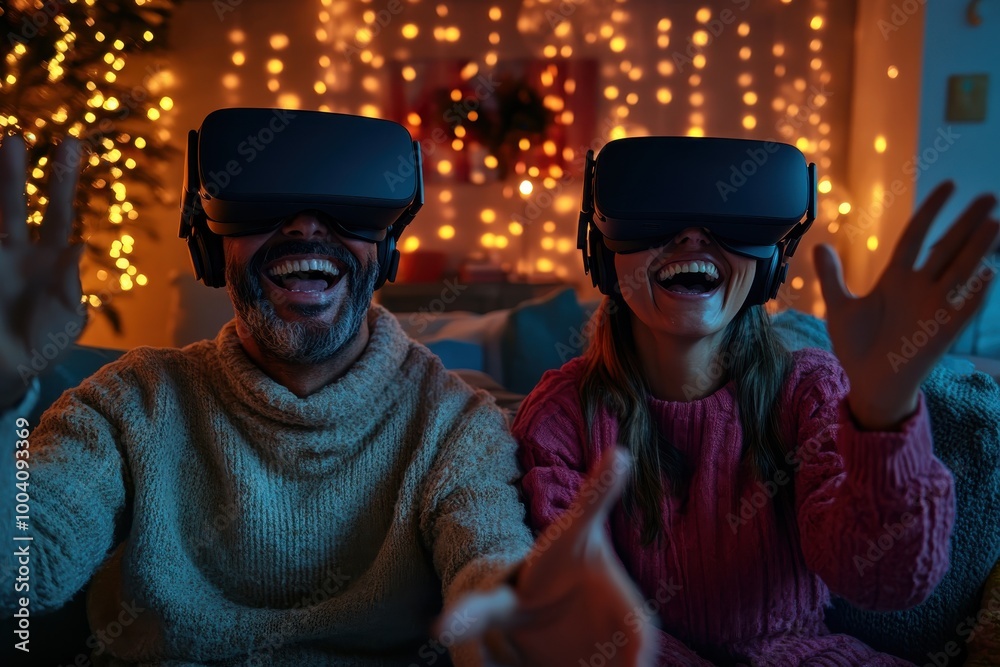 A lively pair immerses in virtual reality gaming during a festive celebration, surrounded by warm holiday lights and joyous excitement in a cheerful setting. A lively pair immerses in virtual reality gaming during a festive celebration, surrounded by warm holiday lights and joyous excitement in a cheerful setting.