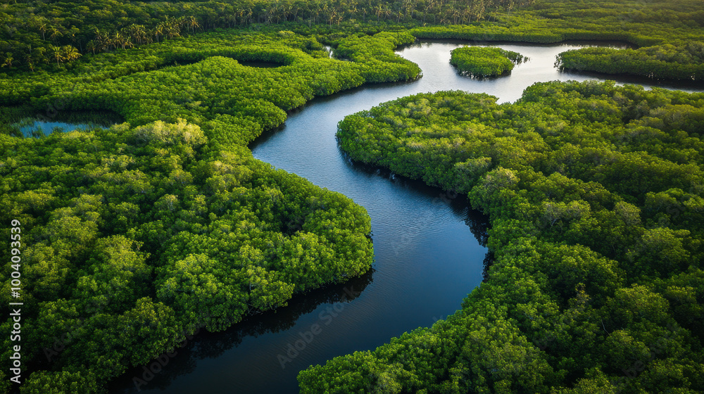 Winding river through lush green forest at sunrise near remote wilderness area Winding river through lush green forest at sunrise near remote wilderness area