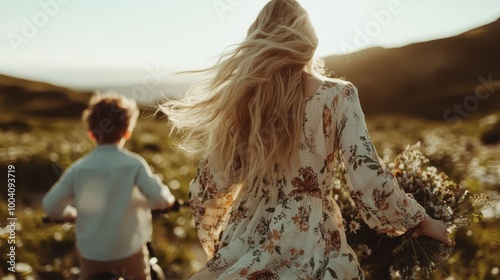 A woman in a flowing floral dress and a child enjoy nature, with the sun casting a warm glow, signifying freedom and a joyful connection with the earth. photo