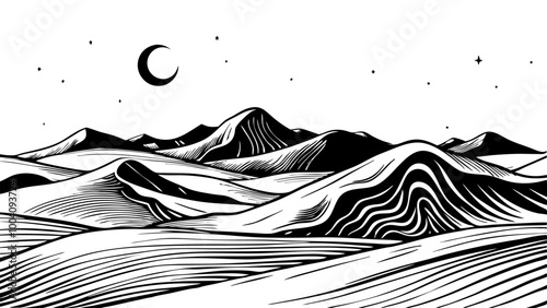 Black and White Desert Landscape with Moon and Stars Illustration