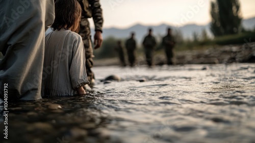 A child wades cautiously through a stream, soldiers in the background, reflecting themes of innocence amidst conflict in a serene natural setting. photo