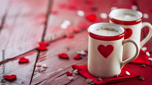 valentine day series cups of milk with decorative heart on wood table and red background background photo