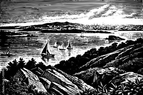 Vintage Nautical Landscape Illustration with Sailboats and Coastal View