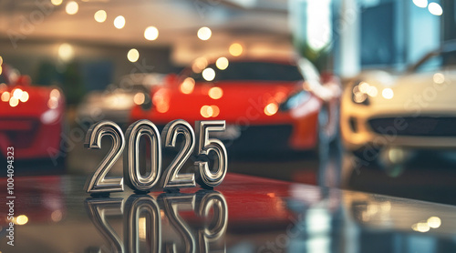 Numbers 2025 on blurred background of luxury cars in the showroom