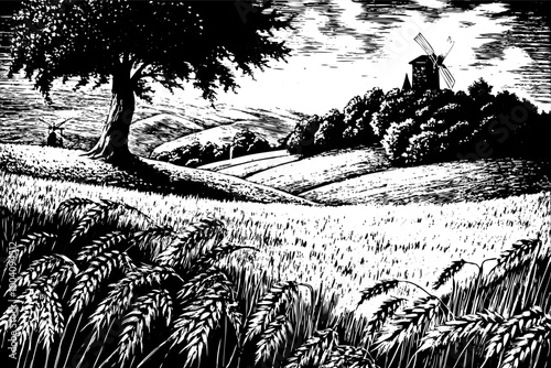 Scenic Landscape with Windmill and Wheat Field in Black and White