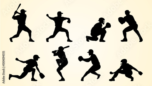 A collection of black silhouettes depicting various baseball players in action, showing positions like batting, pitching, catching, and fielding, set against a light background.