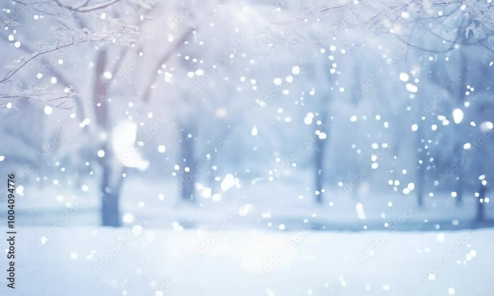 snowy winter day in park with falling snowflakes
