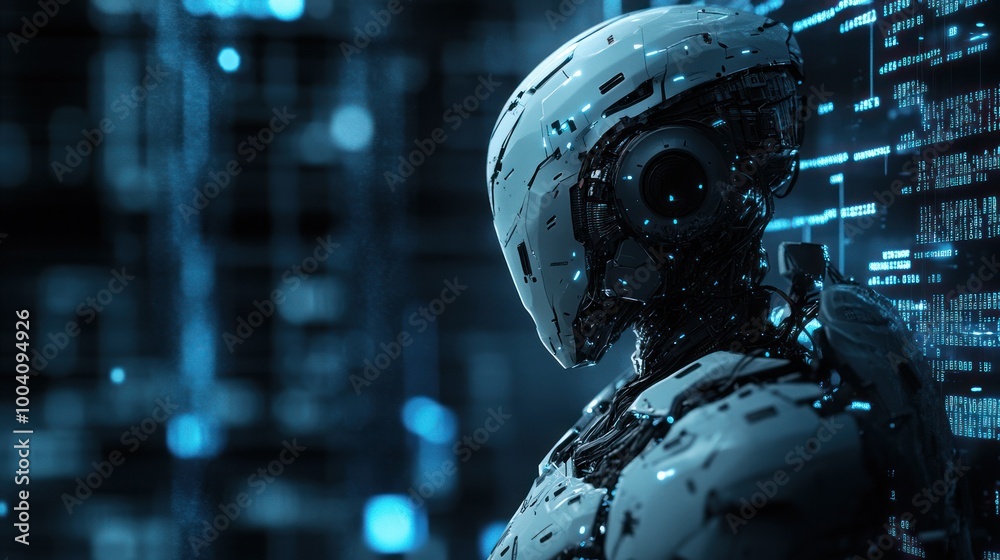 Fototapeta premium High-tech AI robot with intricate digital data motifs.