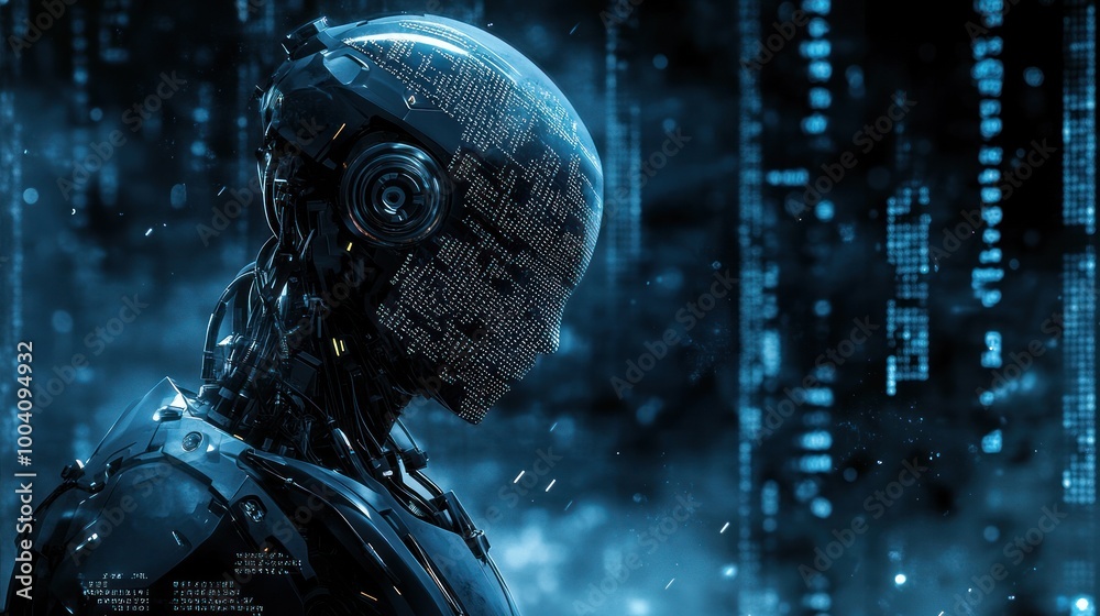 Cyborg head analyzing information in digital space Cyborg head analyzing information in digital space