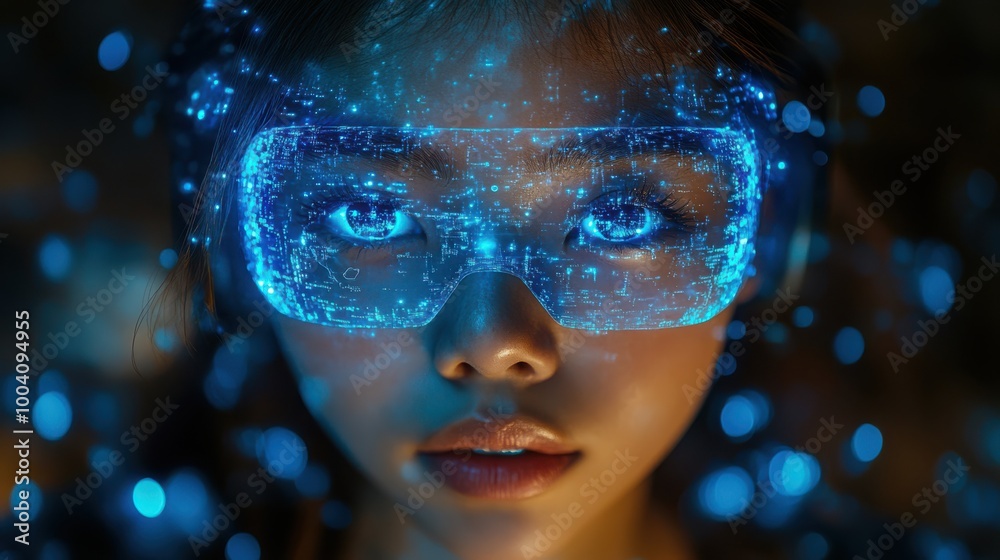 Close-up of girl's eyes illuminated by virtual reality glasses, immersed in a glowing digital world with futuristic holographic visuals and innovative technology for immersive learning and simulation. Close-up of girl's eyes illuminated by virtual reality glasses, immersed in a glowing digital world with futuristic holographic visuals and innovative technology for immersive learning and simulation.