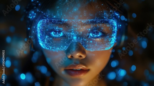 Close-up of girl's eyes illuminated by virtual reality glasses, immersed in a glowing digital world with futuristic holographic visuals and innovative technology for immersive learning and simulation.