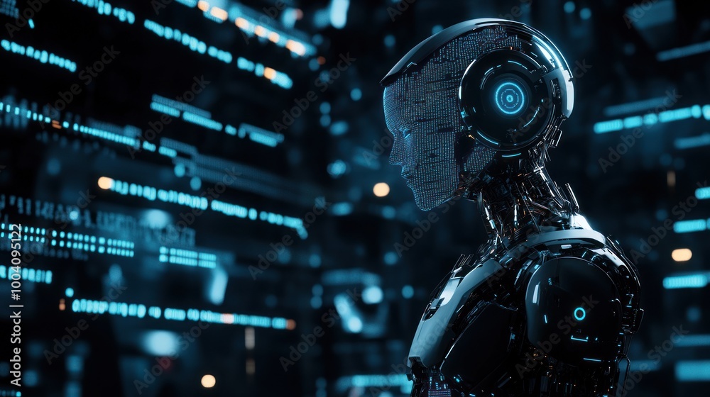 Fototapeta premium Advanced cybernetic construct amid digital backdrops.