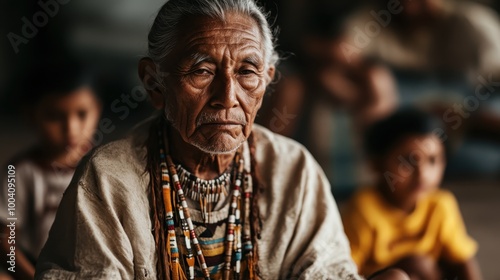 A wise elderly man in traditional clothing gazes intently ahead, showcasing a deep, contemplative spirit, an aura of experience, and a beautifully intricate necklace.