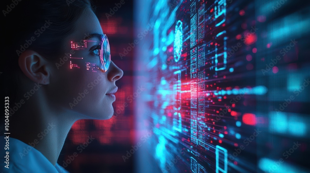 Close-up of a woman wearing futuristic glasses with digital reflections, analyzing data on glowing screens in a high-tech environment, representing innovation in technology Close-up of a woman wearing futuristic glasses with digital reflections, analyzing data on glowing screens in a high-tech environment, representing innovation in technology