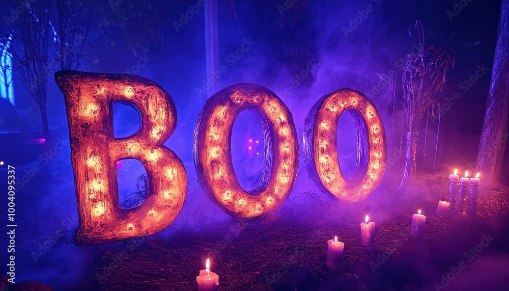 Illuminated BOO Sign with Candles in a Foggy Halloween Setting Illuminated BOO Sign with Candles in a Foggy Halloween Setting