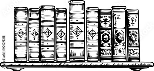 Vintage Bookshelf Illustration Classic Spine Designs and Ornate Patterns