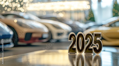 Numbers 2025 on blurred background of luxury cars in the showroom