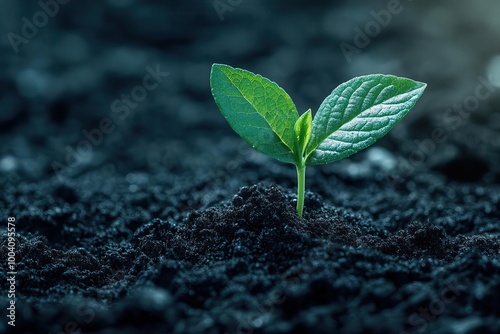 a closeup macro shot of a young green tree sprout emerging from rich black soil sunlight filtering through leaves symbolizing growth and new beginnings