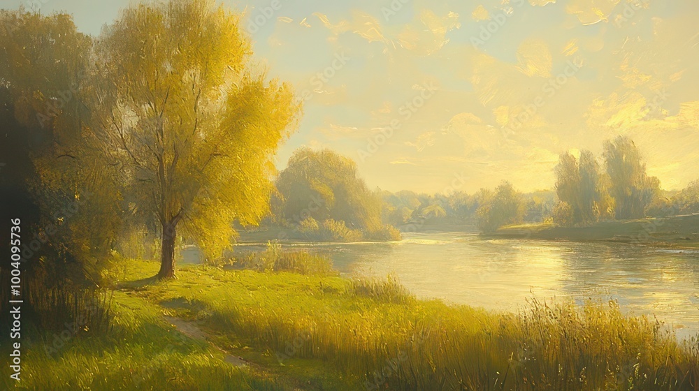 Serene riverbank scene with lush greenery and golden sunlight reflecting on the water. Serene riverbank scene with lush greenery and golden sunlight reflecting on the water.