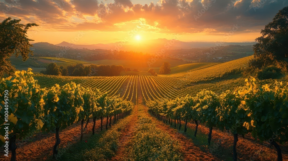 Naklejka premium breathtaking view of a vineyard bathed in golden sunlight rows of grapevines stretching towards the horizon gentle mist enveloping the valley evoking a sense of tranquility and abundance